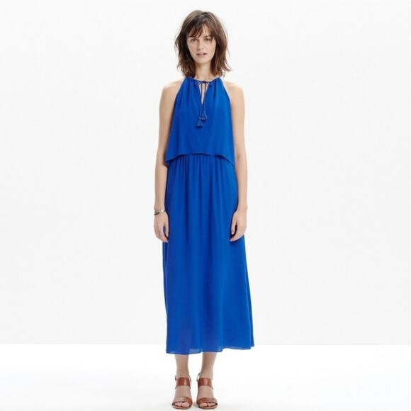 Madewell Maxi Dress Size 2 Flutter Back Overlay Midi Tiered Slit Royal Blue - Picture 4 of 16
